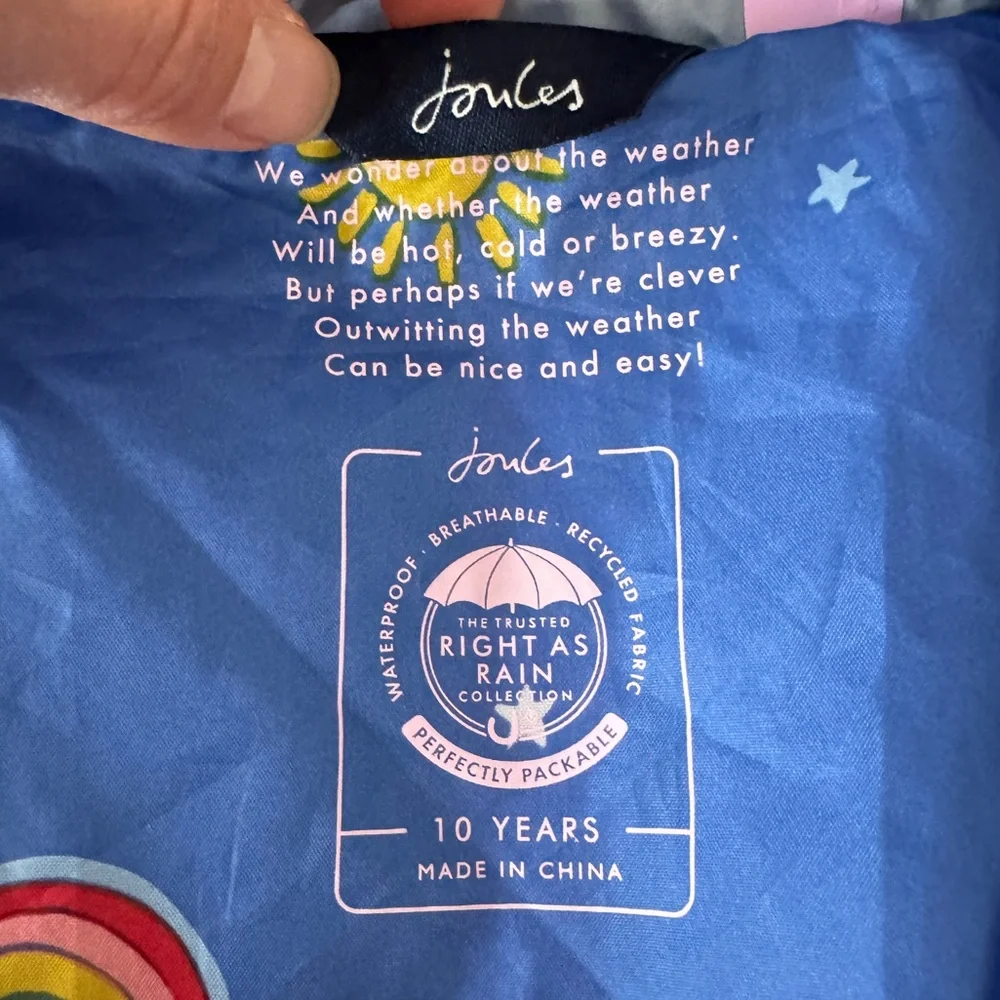 Joules Girls Raincoat Go Lightly Size 10 Blue Sky Icons Right As Rain Collection